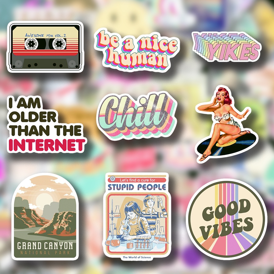 Sticker retro trang trí mũ bảo hiểm, đàn, guitar, ukulele, điện thoại laptop