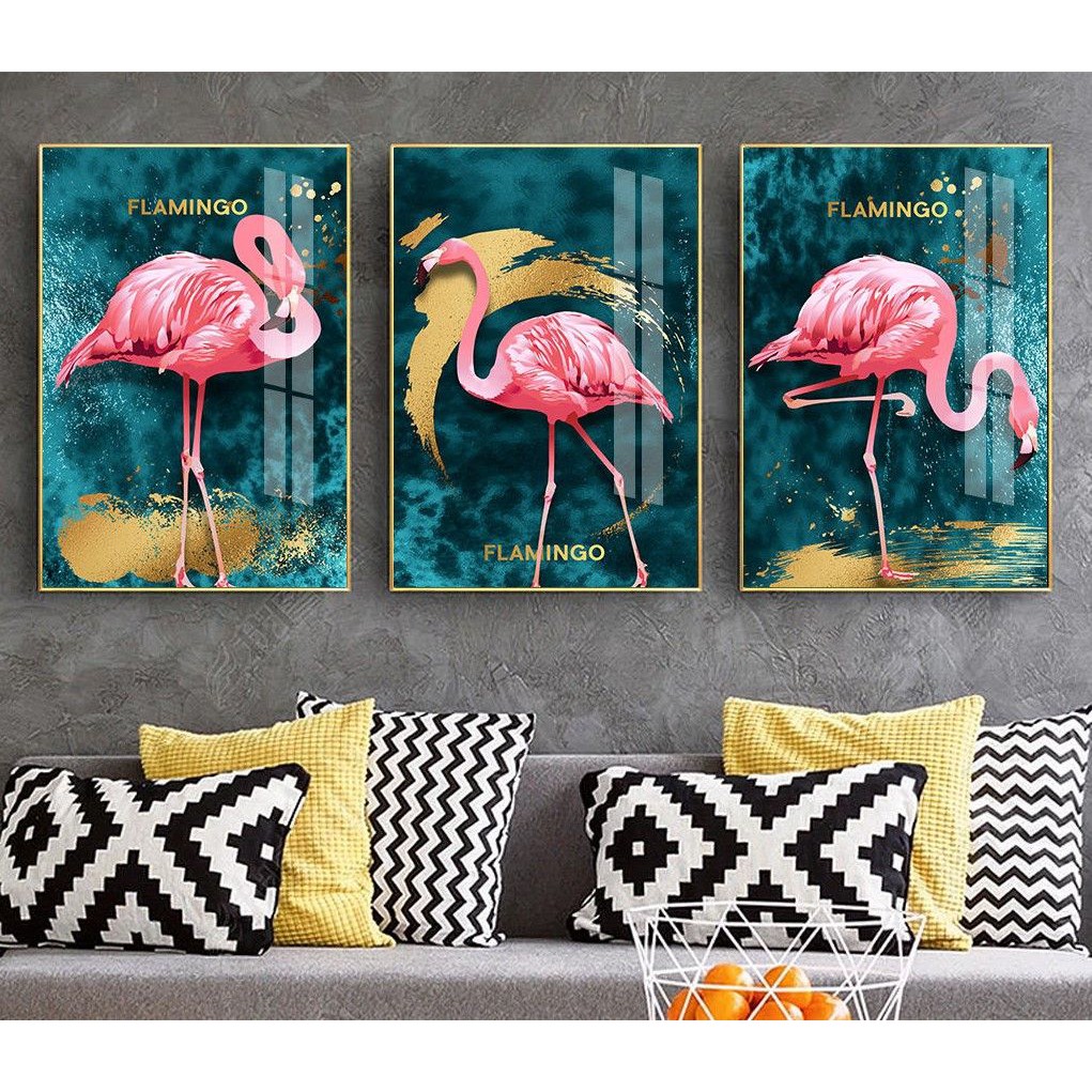 Bộ 3 Tranh Canvas Treo Tường CAO CẤP Sếu Hồng Hạc Hồng Lá Cây - Tranh Phong Thuỷ - Trang trí Phòng Ngủ - Melyhome Decor