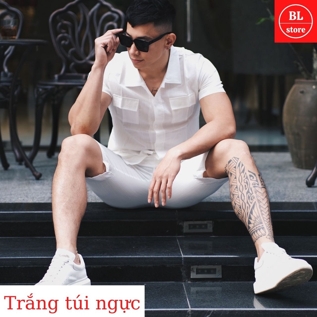 Bộ đũi nam cổ tàu cổ bẻ cao cấp cộc tay, bộ đồ đũi xước nam chất đẹp thoáng mát có túi ngực đi chơi mặc nhà đi biển