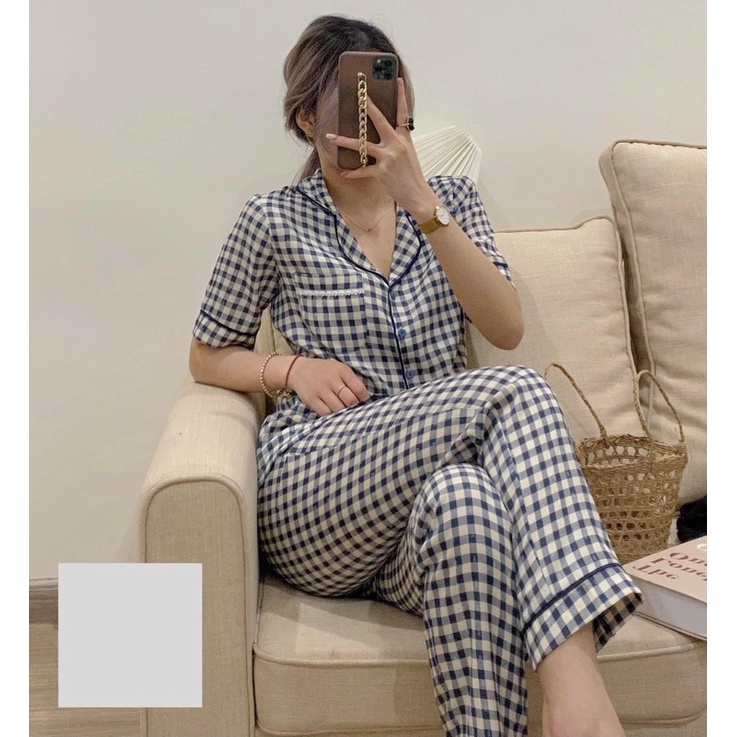 Bộ pijama chất đũi xốp hoạ tiết kẻ ô áo cộc quần dài, Bộ ngủ mặc nhà thu đông