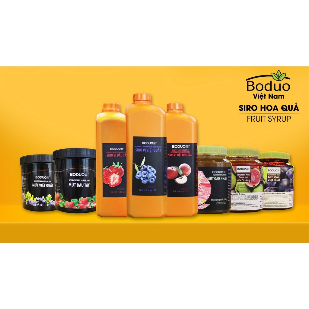 Siro Boduo các vị dâu, đào, bạc hà, táo xanh, việt quất, đường đen can 2,5kg pha trà sữa, trà trái cây