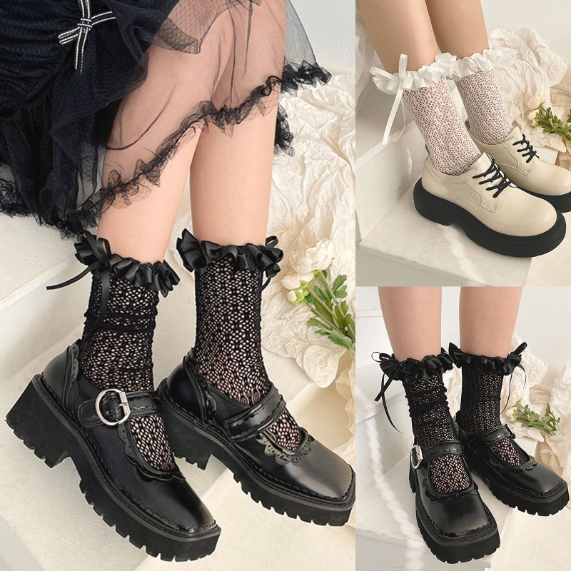 Vớ Lưới Cao Đến Đầu Gối Vải Satin Phối Nơ Ruy Băng Phong Cách Lolita Nhật Bản Ngọt Ngào Cho Nữ