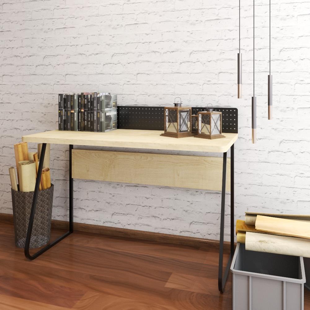 HomeBase FURDINI Bàn văn phòng chân thép mạ màu kết hợp mặt bàn MDF W120xH75xD55 màu gỗ tự nhiên