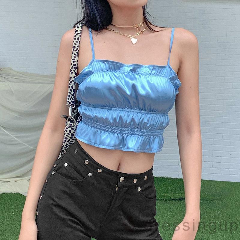 DRESSINGUP-Áo Croptop Hai Dây Nhún Bèo Quyến Rũ Cho Nữ