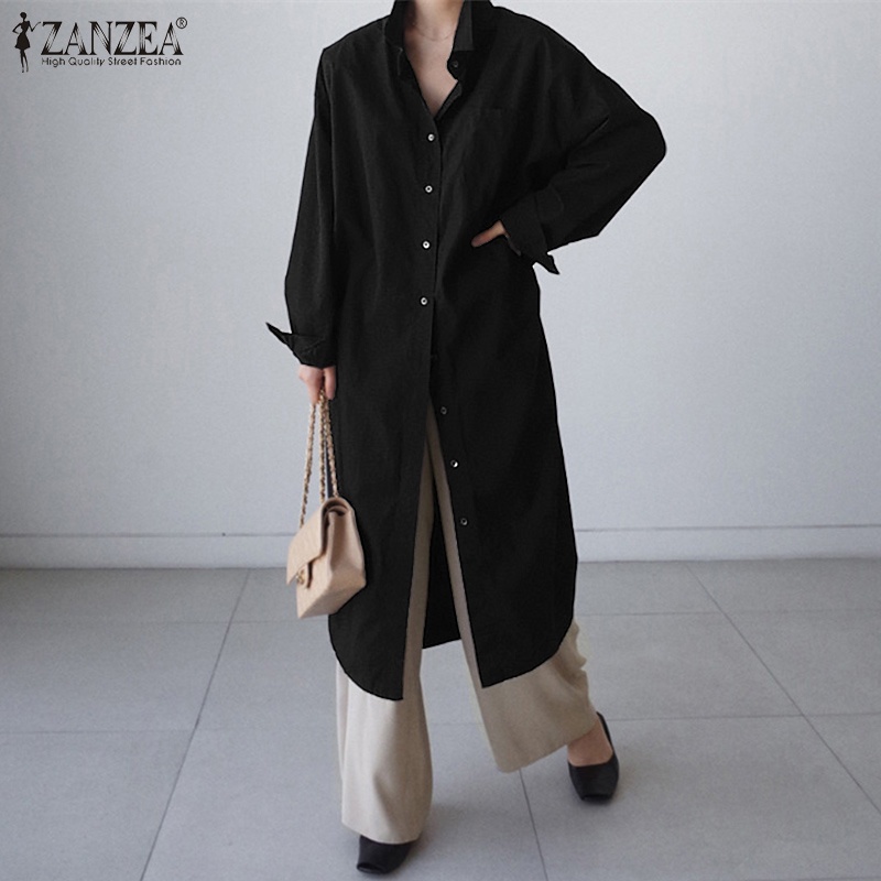 Đầm dài ZANZEA cổ lật tay dài cài nút màu trơn dành cho nữ