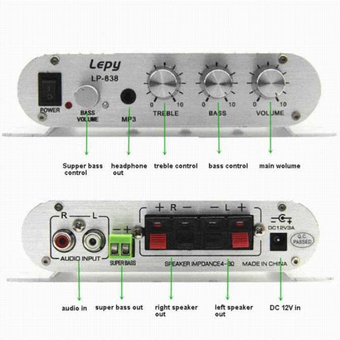 Ampli mini 12V Lepy LP-838 hỗ trợ tặng kèm nguồn ngoài -dc2392+dc2516