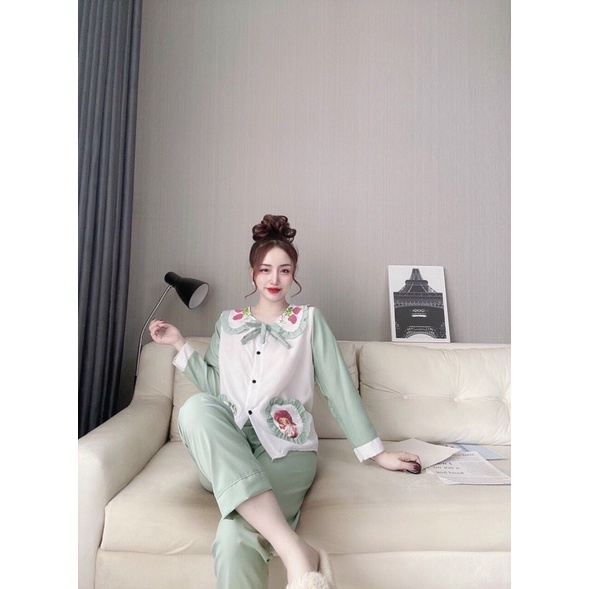 Set đồ bộ mặc nhà tiểu thư, cổ bèo thắt nơ, vải lụa hàn siêu mềm mịn, pijama tay dài quần dài
