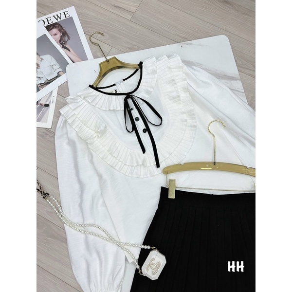 SN856 SET NỮ ÁO SƠ MI TRẮNG DÀI TAY BÈO NƠ MIX CHÂN VÁY ĐEN