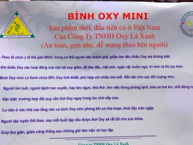 Bình Oxy mini, Bình oxygen - Lá Xanh, oxy nguyên chất đến 99% có giấy kiểm định