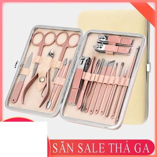 BỘ DỤNG CỤ LÀM MÓNG/ LÀM NAIL TẠI NHÀ - Bấm móng 18 món màu hồng bằng thép không gỉ (Kèm hộp da sang trọng)