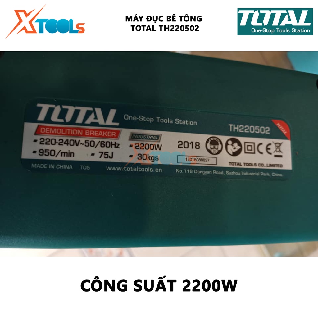 Máy đục bê tông Total TH220502 | máy khoan bê tông 2200W tặng kèm theo  2 mũi đục nhọn 30mm, lực va đập 75J - [XTOOLs]