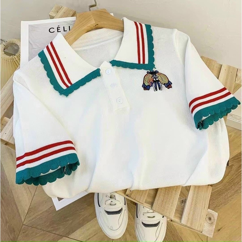 Áo len polo thêu ong pha viền kẻ bèo siêu hot 2021 | BigBuy360 - bigbuy360.vn