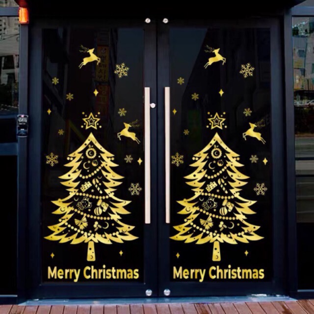 Decal trang trí tường Noel - Ánh vàng thông nhọn kèm chữ cao cấp