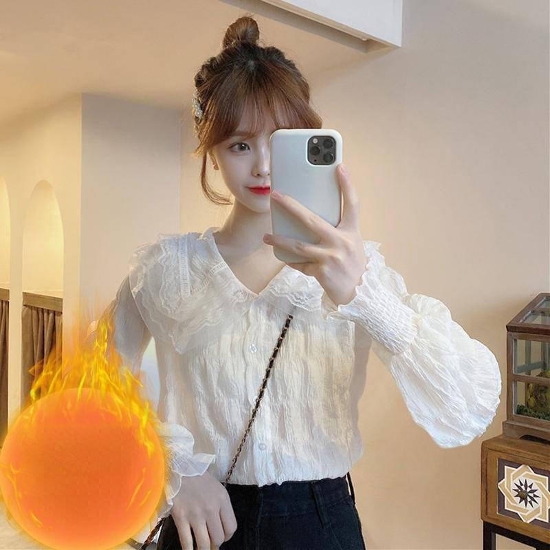 Cute Lace Floral Women Shirt Pleated Doll Lapel Collar Long Sleeve Blouse Student Shirt