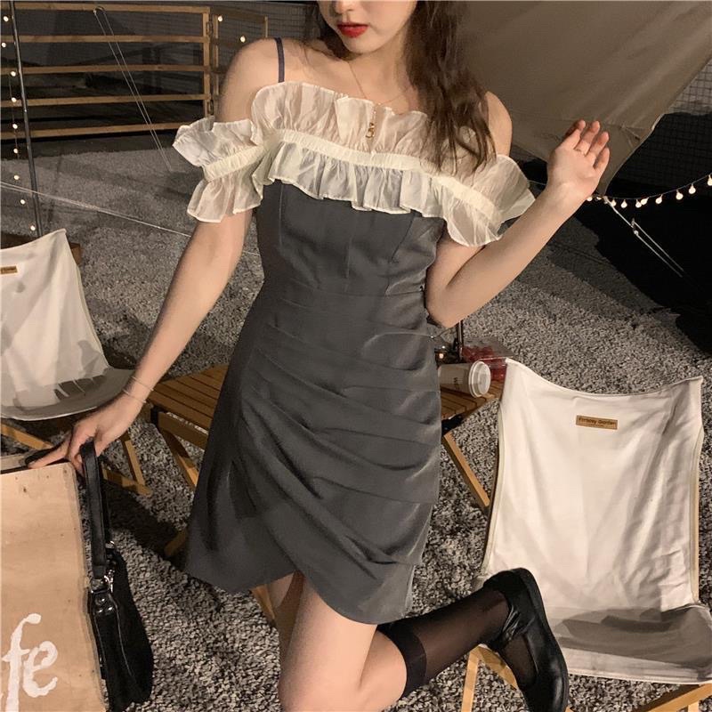 Đầm/Váy trễ vai xám phối ren phong cách hàn quốc | BigBuy360 - bigbuy360.vn