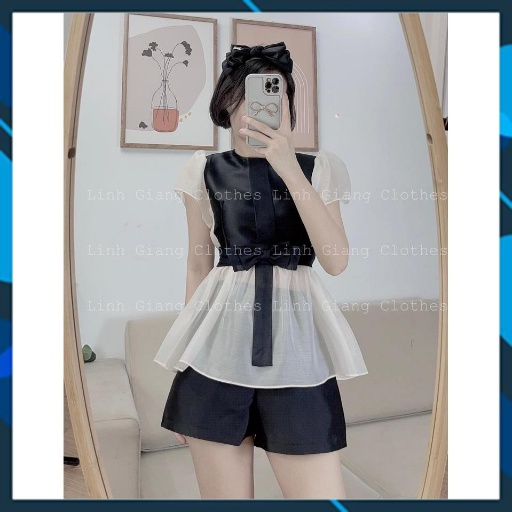 Bộ Áo Voan Nữ Buộc Nơ Kèm Quần Đùi Lụa Ống Rộng