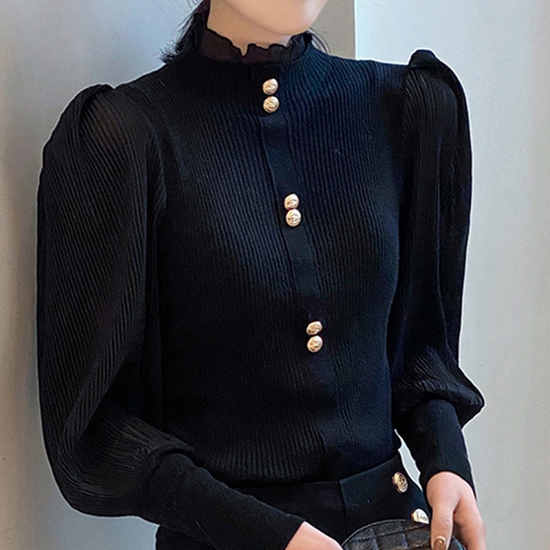 IELGY  Áo sweater Dệt Kim Cổ Lọ Tay Phồng Thời Trang Cho Nữ