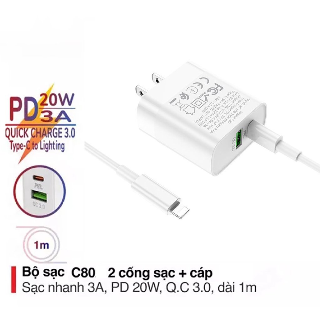 ⚡Mới⚡ Bộ Sạc Nhanh IP.hone 13 12 11 Promax Siêu Tốc cao cấp Hoco C80/C80A cáp PD 20W 2 cổng sạc USB Type-C Ligthting