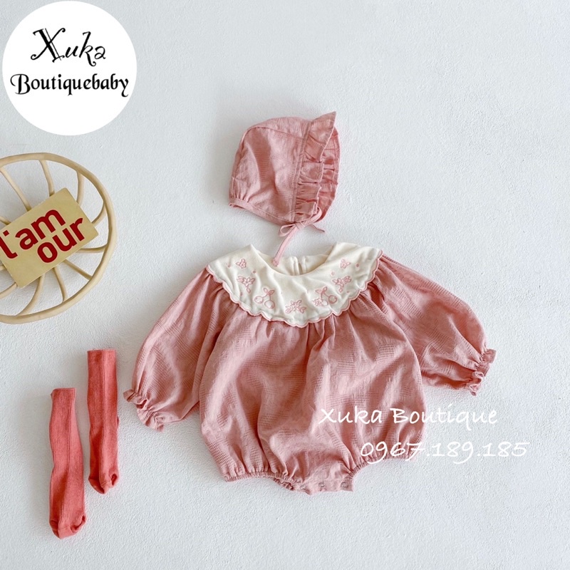 Set Bodysuit Dài Tay Cổ Nhung Cherry Kèm Mũ Bé Gái Dễ Thương - Xuka Boutique - Quần Áo Trẻ Em phong cách Hàn Quốc