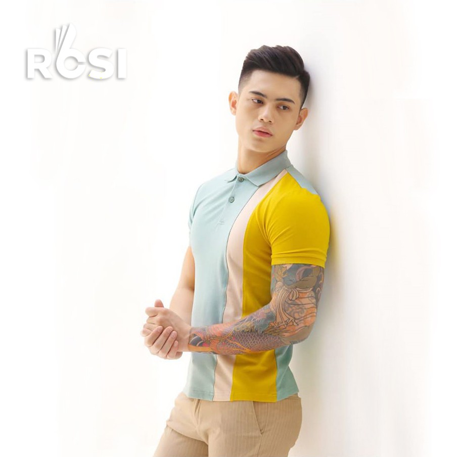 [100% Cotton] Áo Polo nam phối chéo vải cá sấu Cotton Xanh vàng  / Mã Áo: P01-ROSI | BigBuy360 - bigbuy360.vn