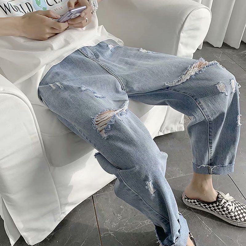 Ripped jeans men's trendy brand straight loose summer ultra-thin beggar nine-point long pants men's Korean version of the trend