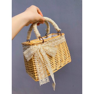 Túi mây vuông quai cuốn ren vintage nơ ren