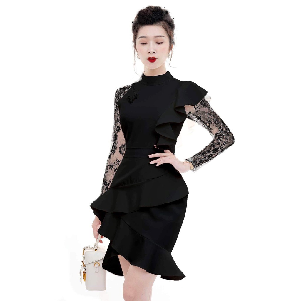Đầm ôm body kiểu cổ lọ phối ren sang trọng