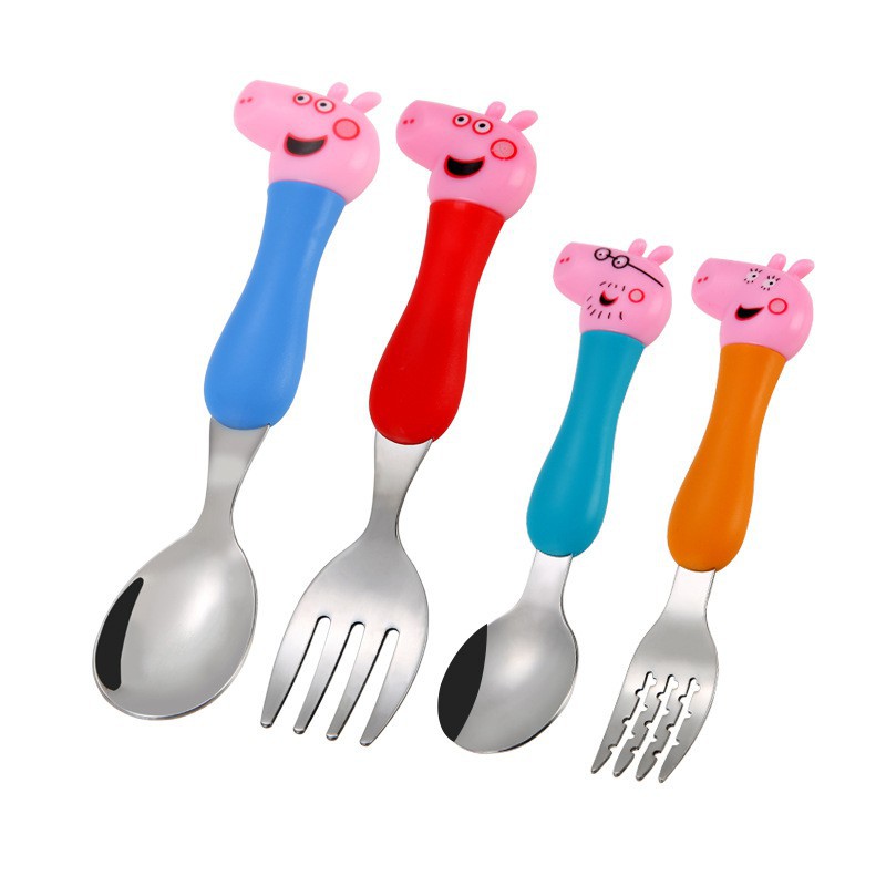 Muỗng nĩa bằng thép không gỉ có chuôi hình chú heo peppa cho bé