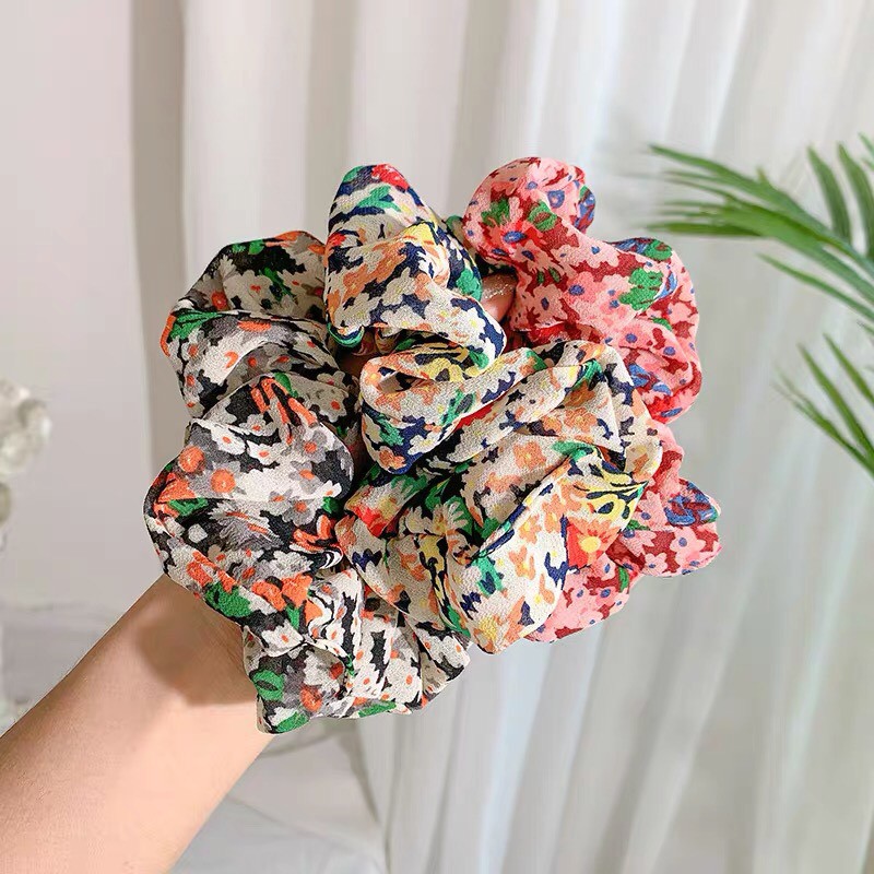 Dây buộc tóc vải scrunchies vải voan họa tiết hoa nhí vintage