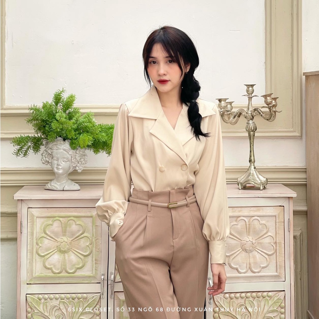 Áo sơ mi cổ vest nữ dài tay túi nắp thời trang công sở 6SIX closet