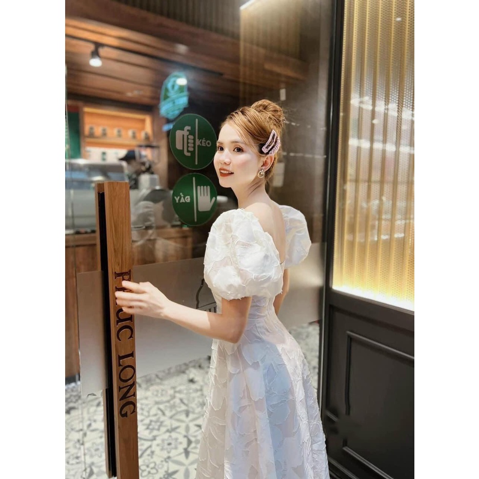 Váy ren hoa trắng tay bồng hở lưng kèm mút ngực dáng dài MIVOSA VN167