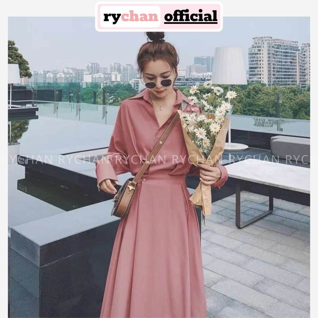 Đầm Nữ Dạo Phố Dáng Sơ Mi Tay Dài Nút Trước Cực Nữ Tính Màu Hồng Nude - DX9796