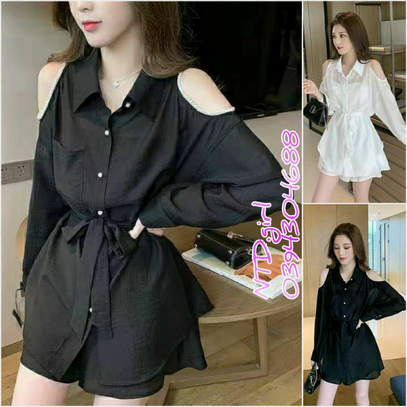 Hàng nhập - Set bộ nữ short khuyết vai xô lụa cổ sơ mi, sét đồ thời trang xinh xắn xì tin
