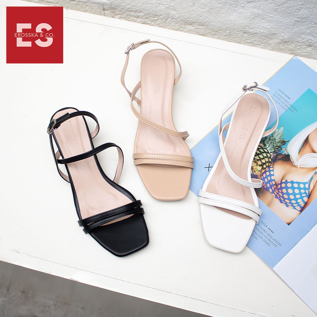 Giày sandal cao gót Erosska mũi vuông quai ngang cao 3cm màu đen - EB031