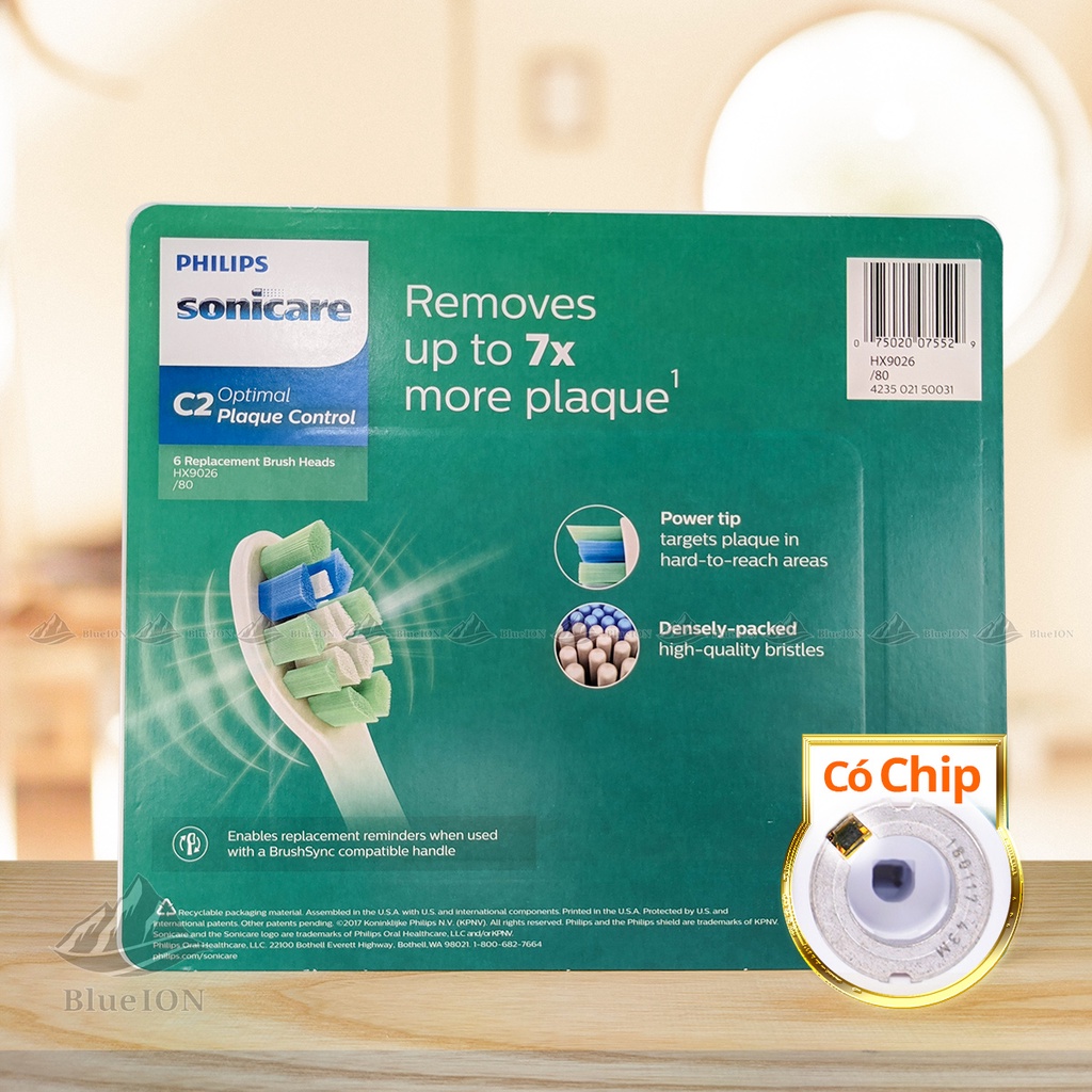 [Hàng Mỹ] Đầu bàn chải điện Philips Sonicare C2 Optimal Plaque Control vỉ 6 cái HX9026/80