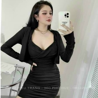 Đầm nữ ôm body hai dây sexy kèm áo khoác dài tay thun gân dày dặn co giãn Arava fashion