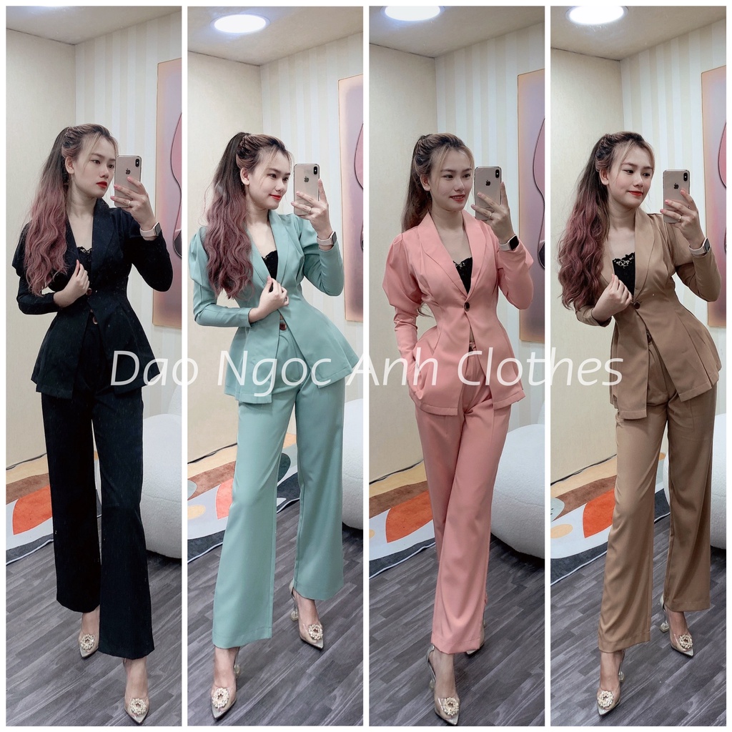 Set vest tay dài một nút chít eo kèm quần tây chất kaki thun siêu thoáng mát, thoải mái