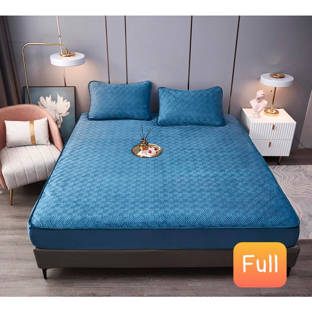 Bộ Ga Gối Trần Bông Nỉ Nhung Hoạ tiết chữ Vạn cao cấp, thảm ga nỉ nhung dùng mùa đông ấm áp - kích thước 1m6; 1m8; 2m2