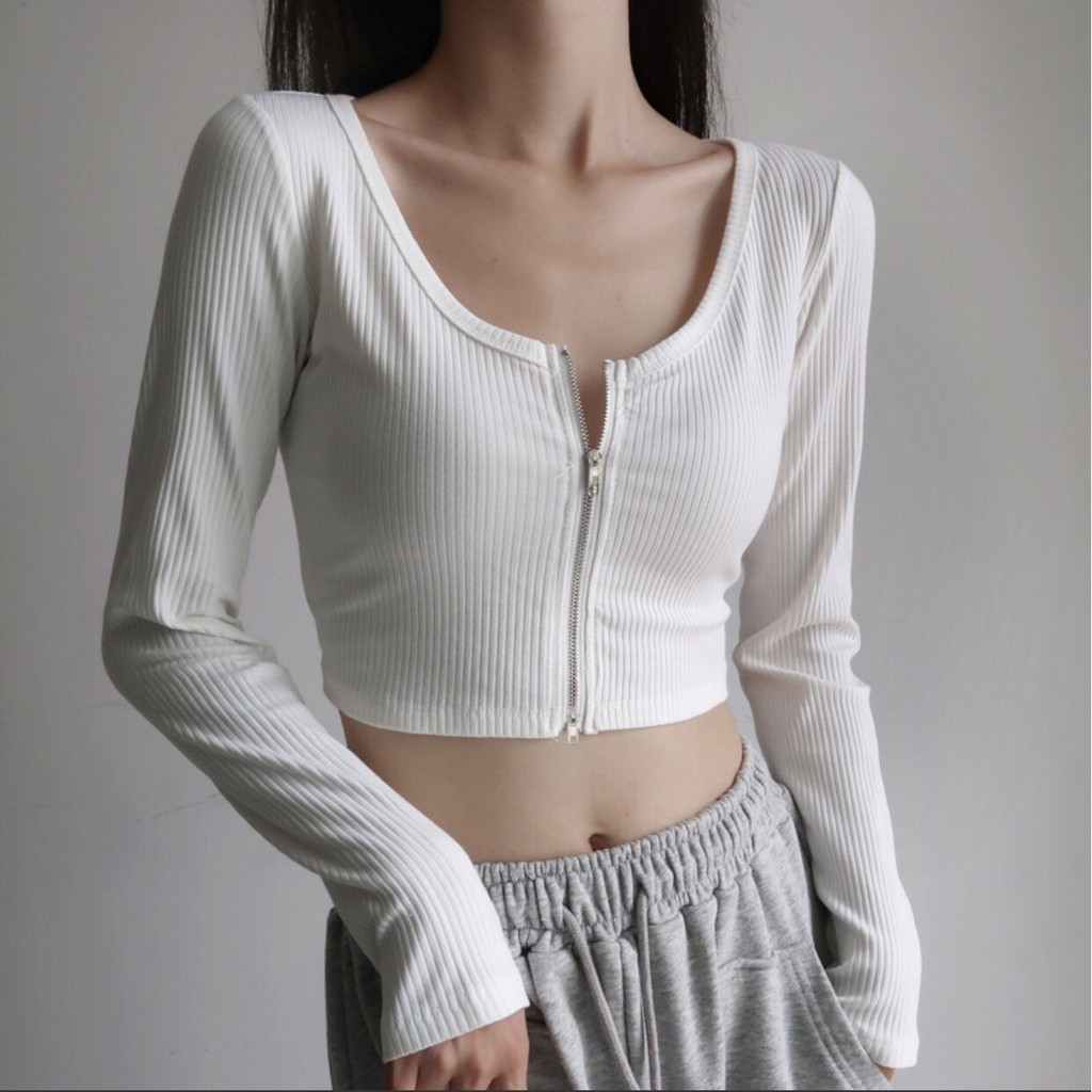 Áo Croptop Tay Dài Dáng Ôm, Dây Kéo GITOHOUSE