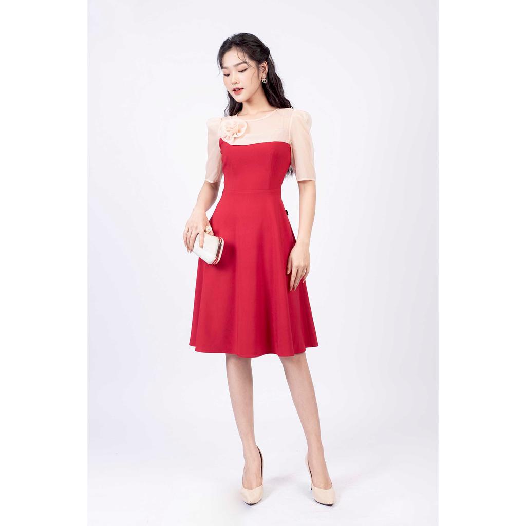 Đầm xòe, cổ tròn đính hoa, ngực phối ren bóng MMOutfit M-DA060521244