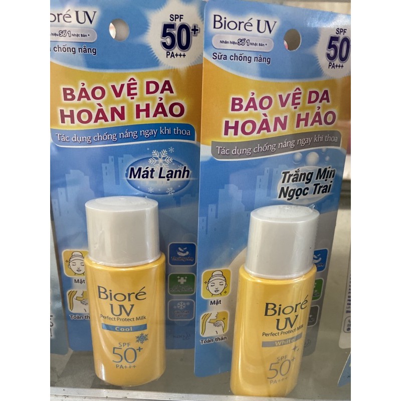 KEM CHỐNG NẮNG TRẮNG MỊN MÁT LẠNH NGỌC TRAI BIORE UV PERFECT PROTECT MILK WHITE SPF50 25ML