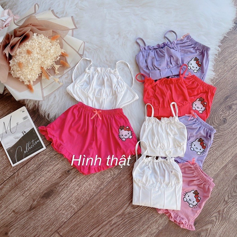 Set bộ ngủ 2 dây quần đùi bèo vải thun cotton -S0U