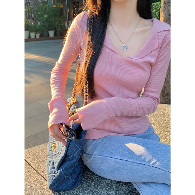 ZHELIHANGFEI Áo Sweater Tay Dài Cổ POLO Lưng Cao Dáng Ôm Quyến Rũ Cho Nữ