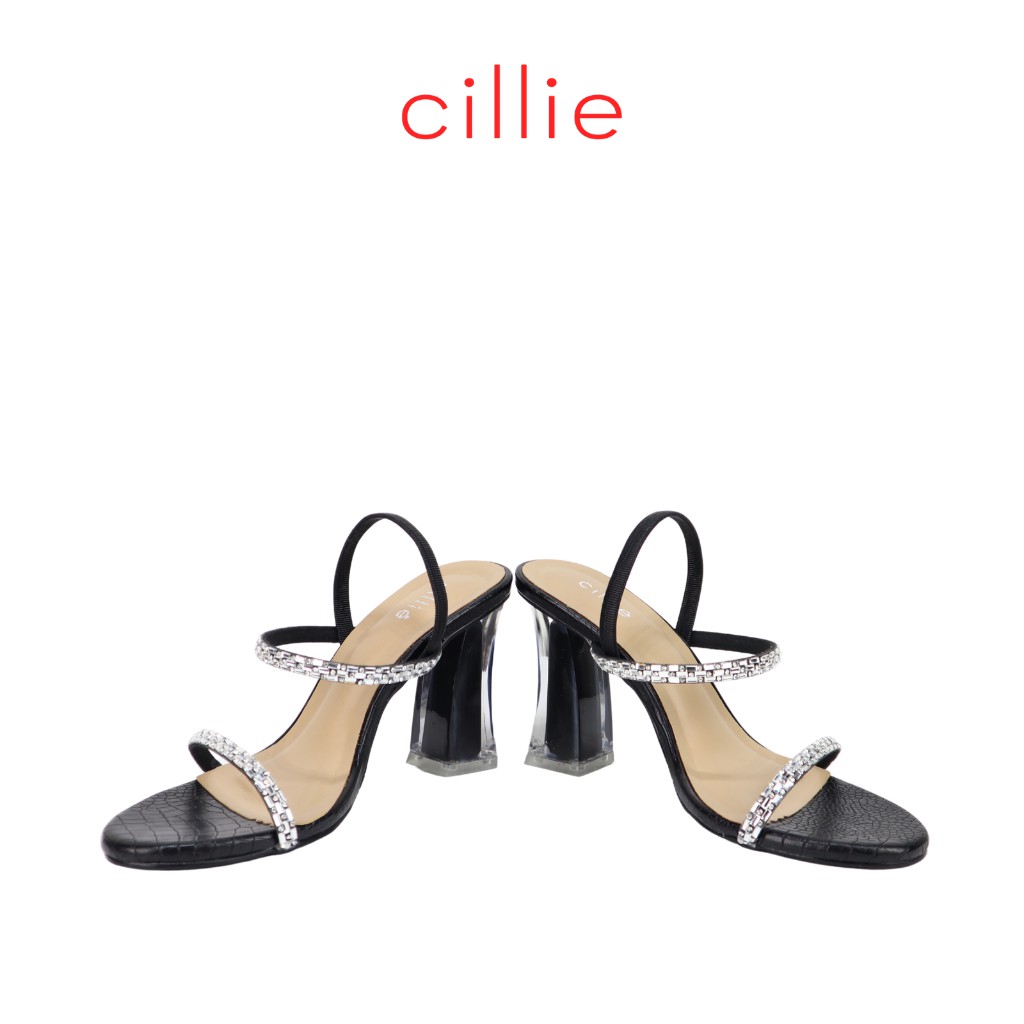 Giày sandal cao gót nữ mũi tròn basic quai ngang đính đá sang trọng gót trong độc đáo cao 9cm đi tiệc Cillie 1229