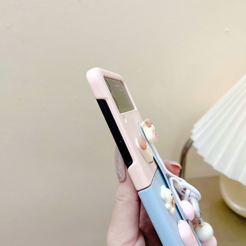 Ốp Samsung Z Flip 4 - Z Flip 3 - Z Flip3 - Flip4 5G chất da phối màu kèm bộ charm dễ thương và dây đeo tháo rời