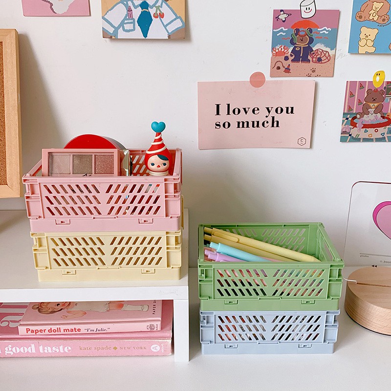 Mini Folding Plastic Storage Box Student Desktop Organizing Handbook Tape Stationery Skin Care Storage Basket My living