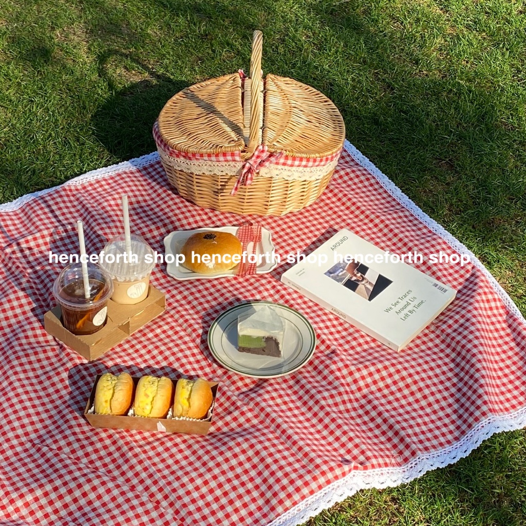Khăn trải bàn dã ngoại picnic caro vintage có viền ren trắng, Phông Nền Chụp Ảnh Trang Trí Bàn Học
