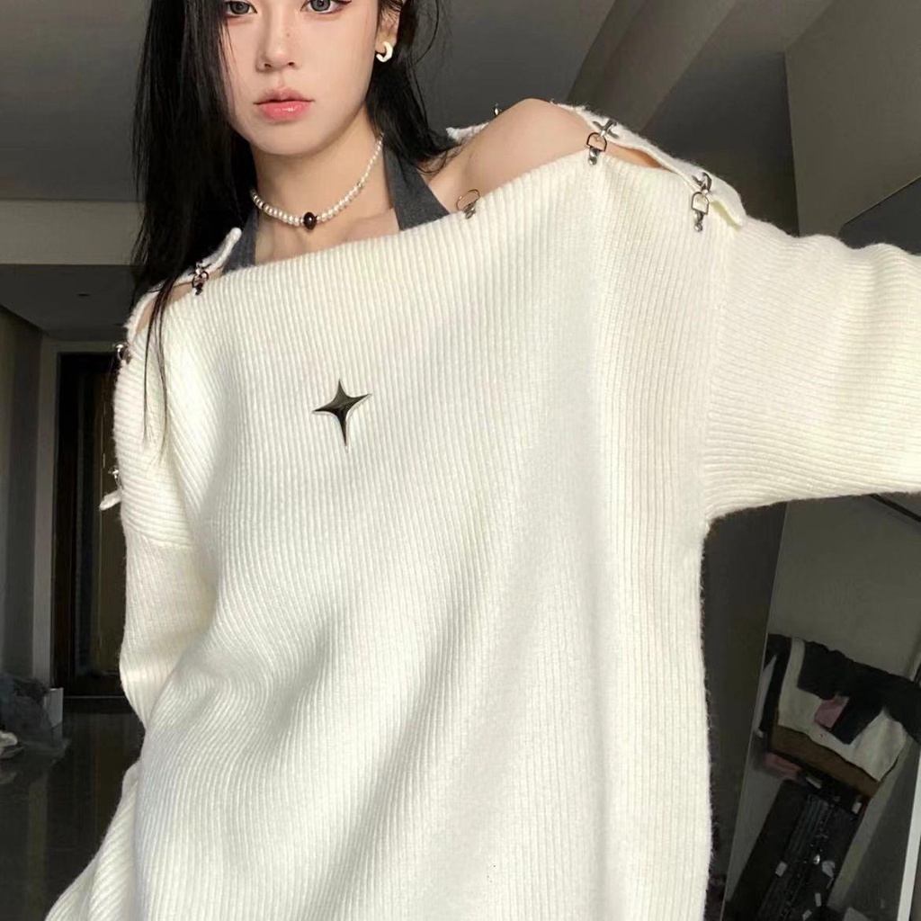 Áo sweater dệt kim một dây hở vai phối khóa máy bay thời trang mùa thu trẻ trung