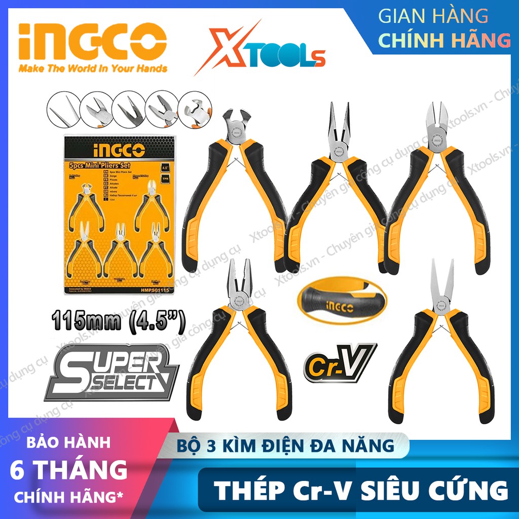 Bộ 5 kìm mini đa năng cách điện INGCO HMPS01115 kềm cắt kẹp tuốt cắt đứt dây điện cáp thép Cr-V siêu cứng bền