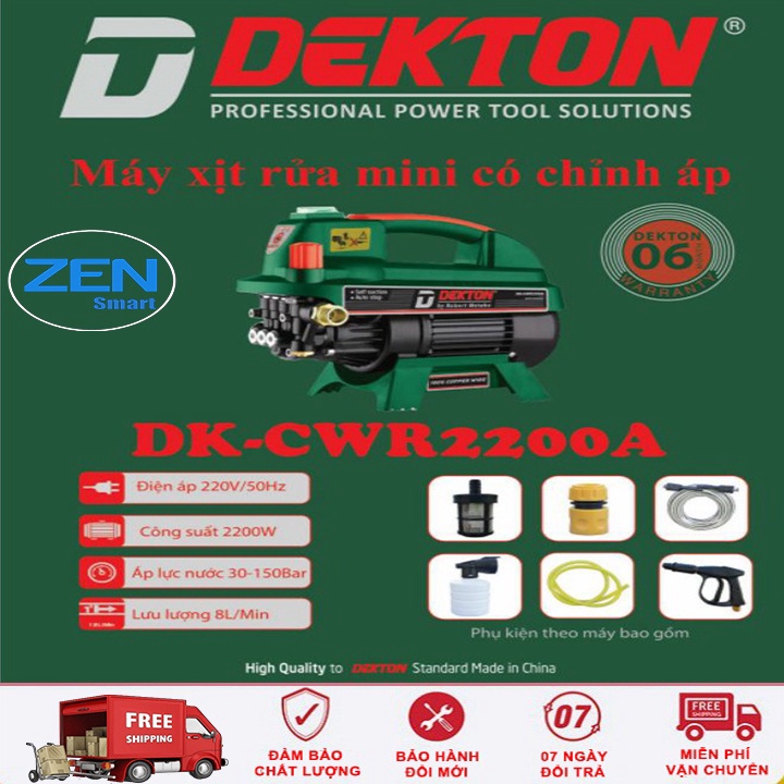 Máy Rửa Xe Chỉnh Áp DekTon 2200W - Tặng Kèm Găng Tay Rửa Xe Cao Cấp - Có Áp Chống Giật, Chống Cháy-Bảo